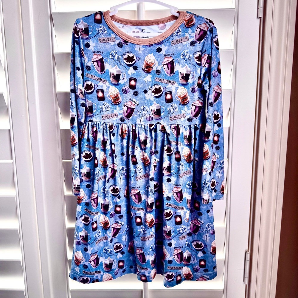 Girls 3T Twirl Dress Autumn Coffee S'mores Cozy Print Bamboo Blend Long Sleeve